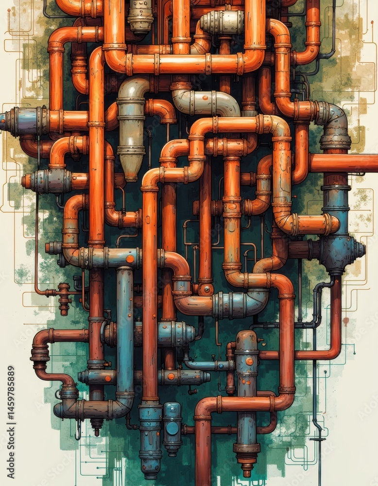 Poster intricate network of colorful pipes creating a complex industrial design