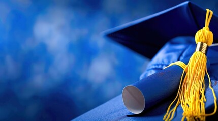 A blue graduation cap with a yellow tassel sits on top of a blue background