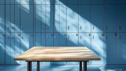 locker room, featuring a wooden table in the center
