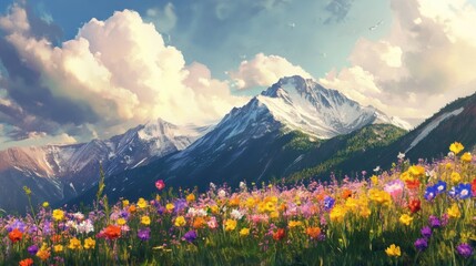 Fototapeta premium Majestic Mountain Meadow: A breathtaking panorama of vibrant wildflowers flourishing against a backdrop of snow-capped mountains under a dramatic sky.