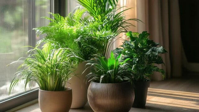Three small pots of greenery sit on a windowsill, perfect for indoor decoration or office space