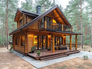 Naklejka premium Rustic log cabin nestled amidst a wooded landscape.