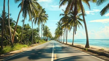 Beautiful tropical beach with asphalt road and coconut trees landscape. Generated AI image