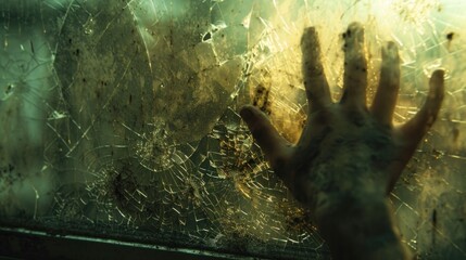 Hand reaching through shattered glass