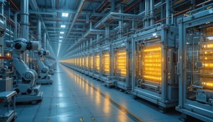 Hydrogen fuel cell factory with robotic assembly lines, Industrial Interior With Machinery and Bright Lights