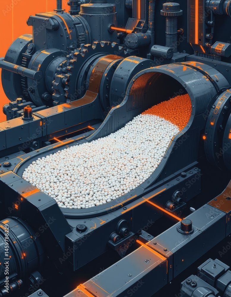 Poster industrial machine processing colorful pellets in a modern factory setting