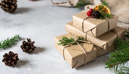 Fototapeta premium Three beautifully wrapped presents adorned with festive ribbons, nestled among pine cones and lush evergreen branches, creating a cozy holiday atmosphere.