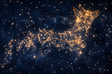Starlit fox silhouette illuminated by shimmering constellations in a cosmic night sky