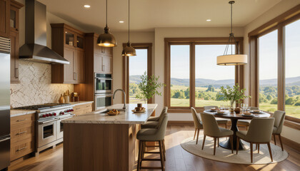 A modern kitchen with wood cabinetry, a large island, and expansive windows showcasing a scenic landscape provides a warm and inviting space for cooking and dining.