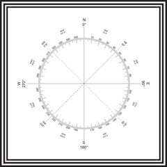 Detailed compass rose with degrees – full navigation circle showing cardinal, intercardinal directions and azimuth bearings for maps, maritime design, geolocation, and orientation tools