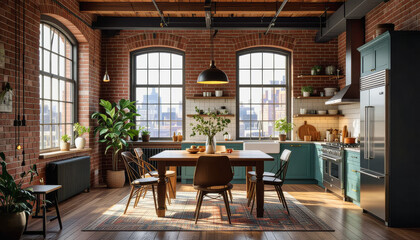 This architectural interior photograph showcases a stylish industrial-style kitchen and dining area with exposed brick, large windows overlooking a cityscape, and a warm, inviting color palette.