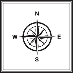 Compass rose icon – black and white nautical windrose symbol for direction, navigation, marine maps, travel design, exploration graphics, orientation, and wayfinding visuals