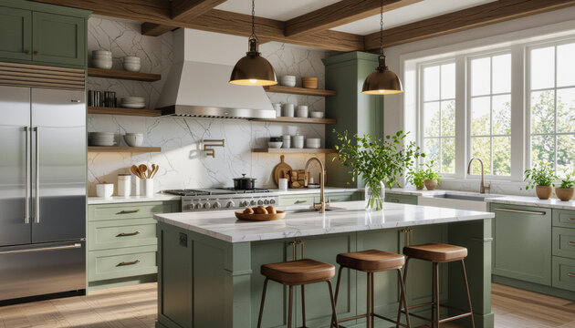 This interior photograph showcases a modern farmhouse kitchen with sage green cabinetry, white marble countertops, exposed wooden beams, and brass accents, creating a warm and inviting atmosphere.