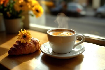 A steaming cup of coffee beside a croissant on a wooden table, with flowers in the background