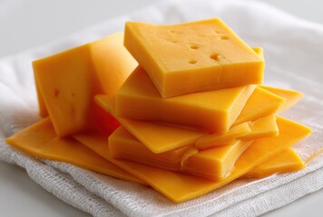 Close-up View of Stacked Yellow Cheese Slices on Soft Cloth, Ideal for Delicious Sandwiches, Healthy Snacks, and Culinary Creations