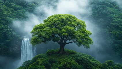 Lush Tree Waterfall Misty Mountain.