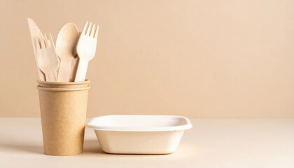 Eco-friendly cutlery and containers for takeout food minimalistic setting product photography sustainable lifestyle close-up view environmental awareness