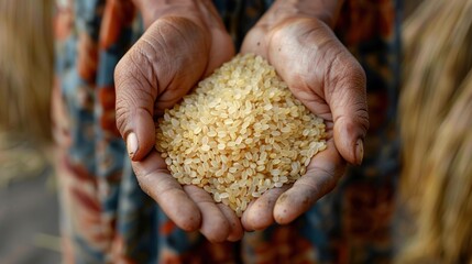 Hands holding harvested rice