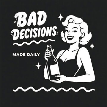 A bold and humorous white-only vector illustration in classic 1950s pin-up style featuring a smiling woman holding a wine bottle with
