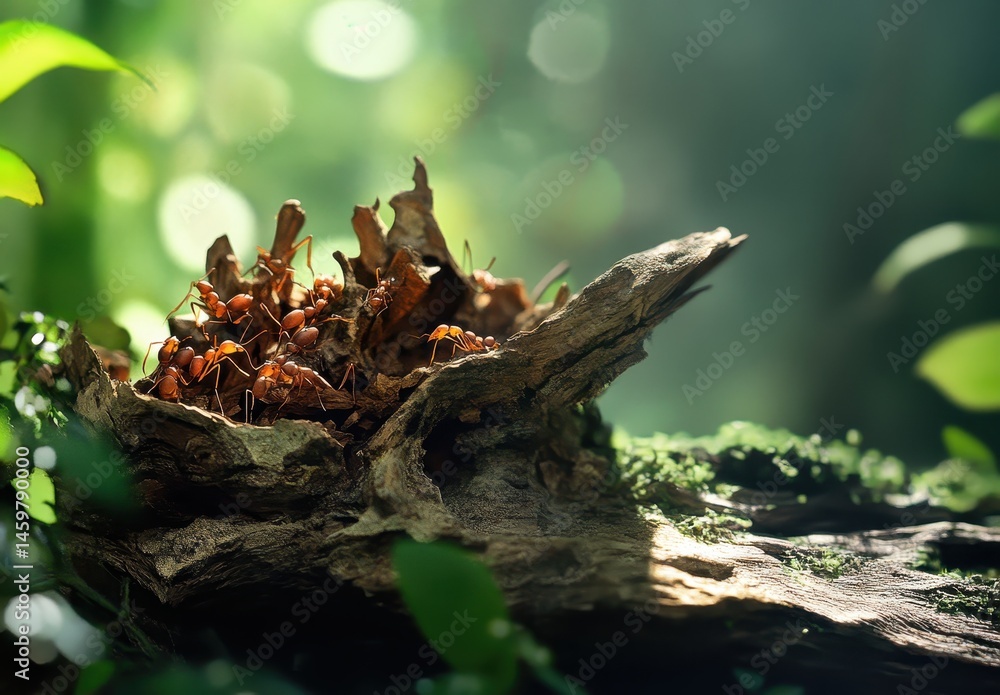 Poster close-up view of red ants gathering on decaying wood in a lush green forest with soft light and natu