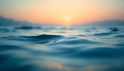 Ocean waves at sunset, tranquil mood, reflections on water surface, soft color palette