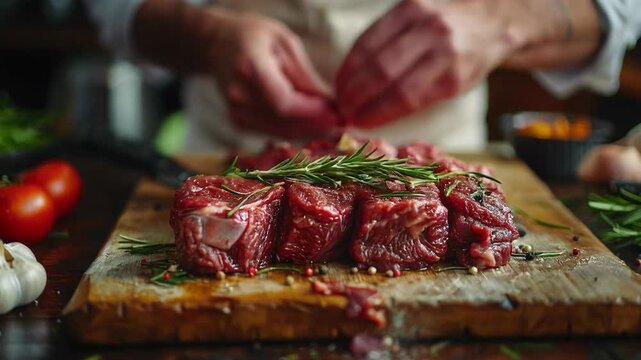 Close-up photo of raw steak on a wooden cutting board, hands seasoning with herbs, and veggies for meal prep, highlighting attention to detail.
