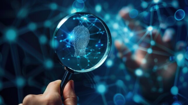 A person is holding a magnifying glass over a blue image of a face