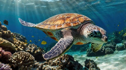 Fototapeta premium Majestic sea turtle gliding through a vibrant coral reef. Sunlight streams through the water, illuminating the creature's shell and the surrounding marine life