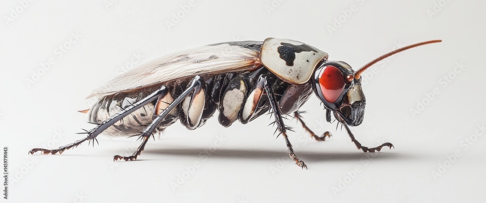 Poster close-up view of a unique insect with distinctive red eyes and intricate body patterns on a light ba