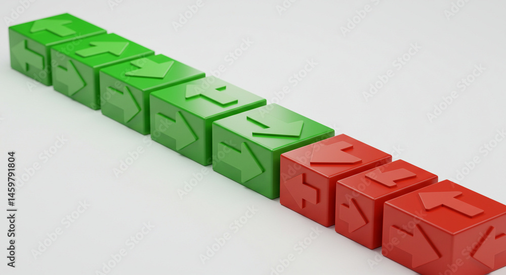 Poster green to red arrow cube blocks direction change strategy concept business growth and decline transit