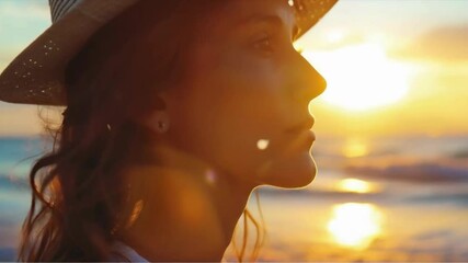 A woman near the sea at sunset, wearing a hat with windswept hair. Her face lit partially by golden light, serene ocean backdrop evokes tranquility.
