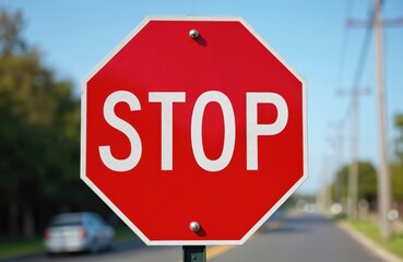 Obraz premium Red stop sign on road. White text STOP on red octagon. Traffic sign for safety regulations. Roadside sign warns drivers. Transportation safety. Safety sign on highway.