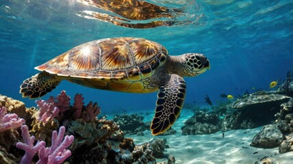 Fototapeta premium Sea turtle gliding through vibrant coral reef