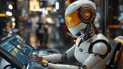 Fototapeta premium White and Gold Humanoid Robot Using a Futuristic Control Panel in a Modern Setting
