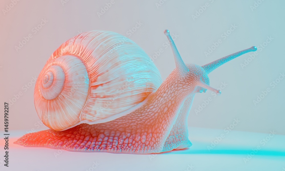 Poster close-up view of a colorful snail on a bright background showcasing intricate shell details and smoo
