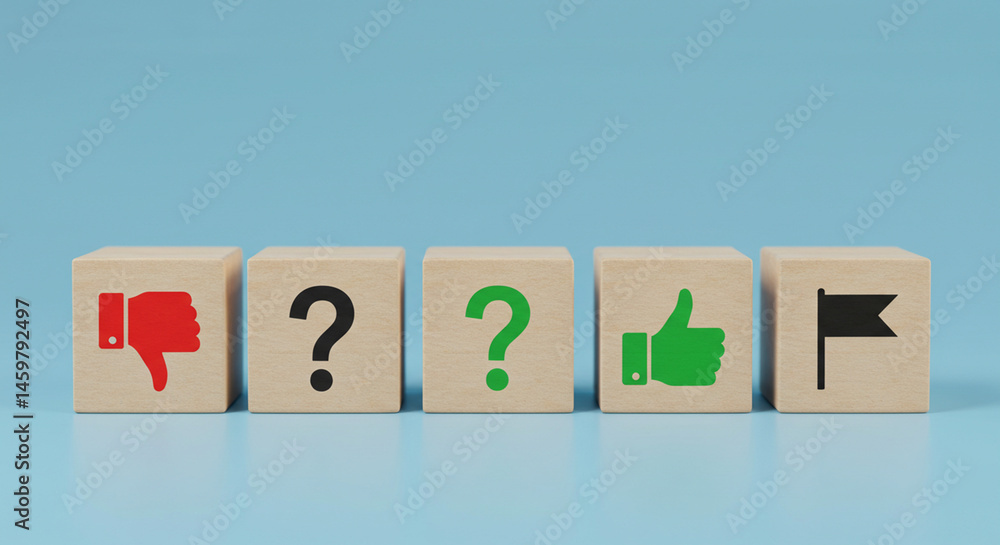 Poster understanding feedback and decision making process with like dislike question mark and flag icons on