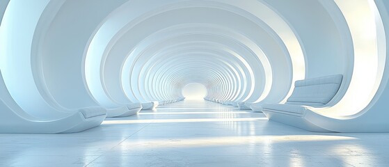 Fototapeta premium Futuristic white corridor with curved walls and benches, leading to a bright light at the end