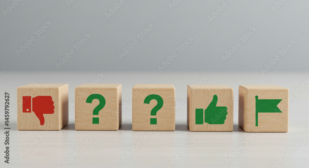 Poster understanding customer feedback like dislike question mark flag icon on wooden blocks concept analys