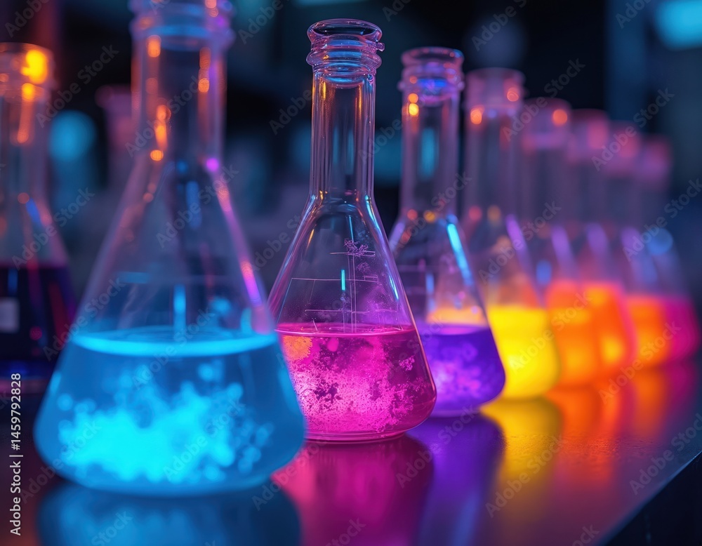 Poster array of laboratory flasks filled with colorful glowing chemicals under black light. scientific expe
