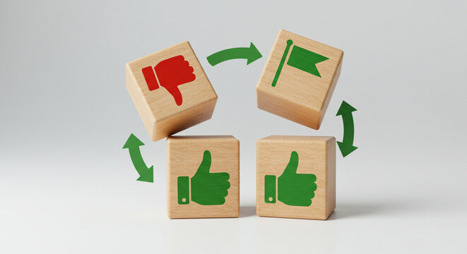 Feedback loop concept with thumbs up thumbs down and flag icons for iterative improvement process