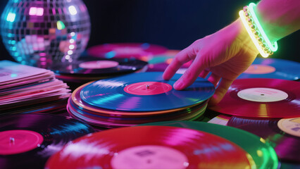 A hand reaches for a colorful vinyl record among a collection of albums, surrounded by shimmering lights and a disco ball, creating an energetic atmosphere at a party.