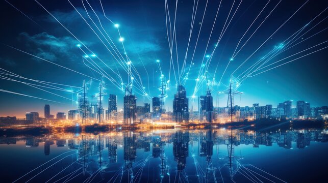 High power energy electricity poles connected to smart grid in big city area. Generate AI image