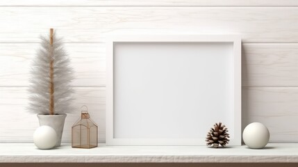 White frame mockup wooden bench on table with white vase ceramic pine tree branches. Generate AI