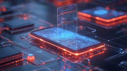 Modern technological device, surrounded by intricate circuit board.