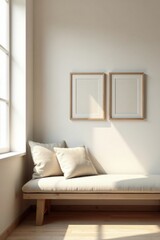 Fototapeta premium Serene Minimalist Room Interior Design Featuring a Light-Colored Bench with Cushions and Two Simple Wooden Framed Pictures on a Neutral Wall