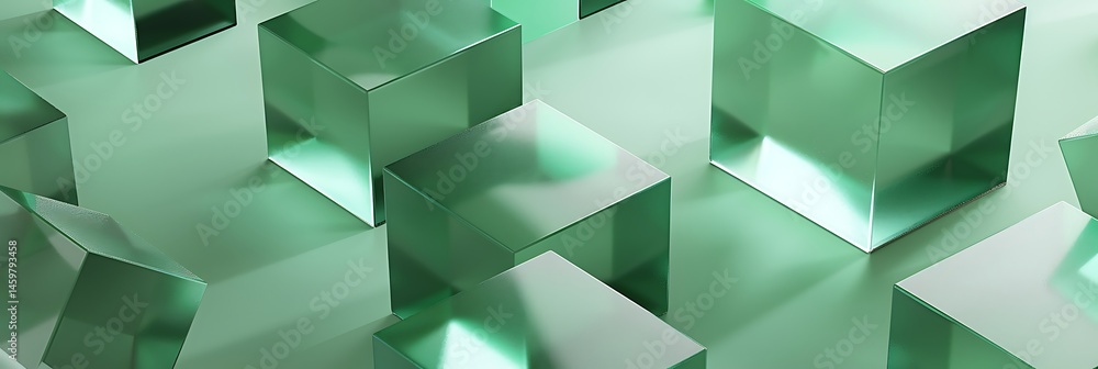 Poster abstract arrangement of translucent green glass cubes creating a modern geometric pattern with subtl