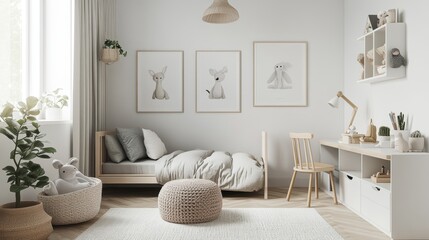 Kids' room with Scandinavian design.  Mock-up posters shown in a 3D image.
