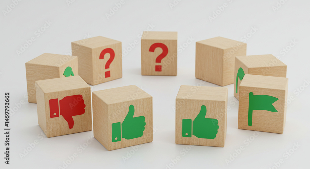 Poster understanding customer feedback analysis using wooden blocks with like dislike question mark flag ic