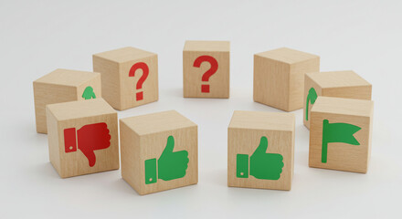 Obraz premium Understanding customer feedback analysis using wooden blocks with like dislike question mark flag icons