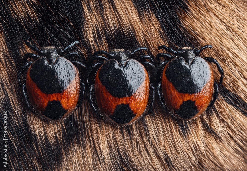 Poster close-up of unique colorful beetles on soft animal fur in natural setting, displaying vibrant patter